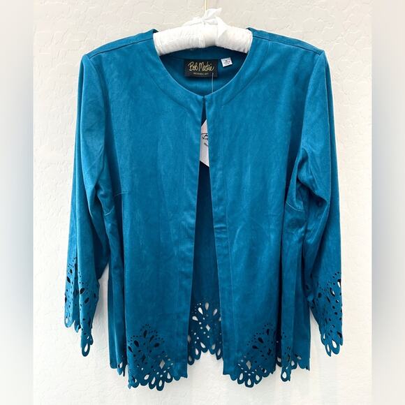 BOB MACKIE Teal Blue Open Front Jacket Laser Cut Hem & Sleeves NWT | Size Medium - Picture 1 of 9